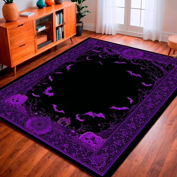 Flatwoven High Traffic Area Rug, Spooky Bat Wing Coffin Rug With Enchanted Macabre Detailing, Non Slip, Stain Resistant, Washable Area Rugs for Living Room, Bedroom(Purple, 4X6)