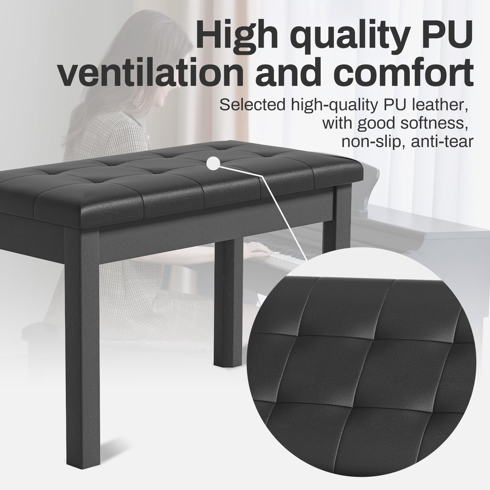 AODSK Duet Piano Bench with Storage, Padded Cushion for Piano Keyboard Seat, Soild Wood Leg Bench Stool Chair -Black
