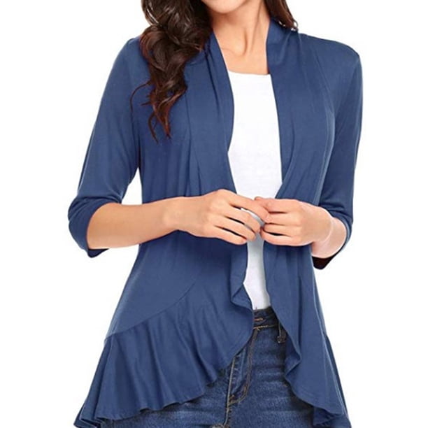 Txlixc - Abrigo informal de manga tres cuartos para mujer, color sólido, cuello de traje, volantes, cárdigan Txlixc Lavado a mano y a máquina
