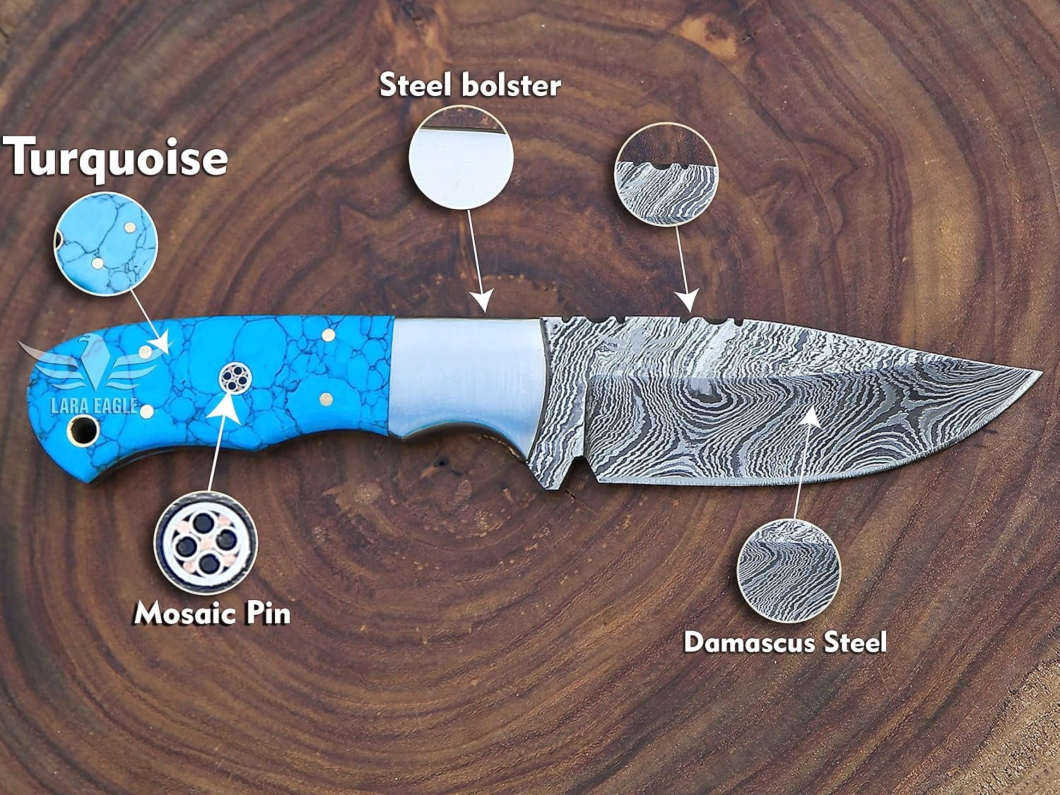 Lara Eagle Damascus Hunting Knife - Fixed Blade Handmade Skinner with Sheath - 7.5 inch Survival Knife Great for Camping - Camel bone Handle with mosaic pin