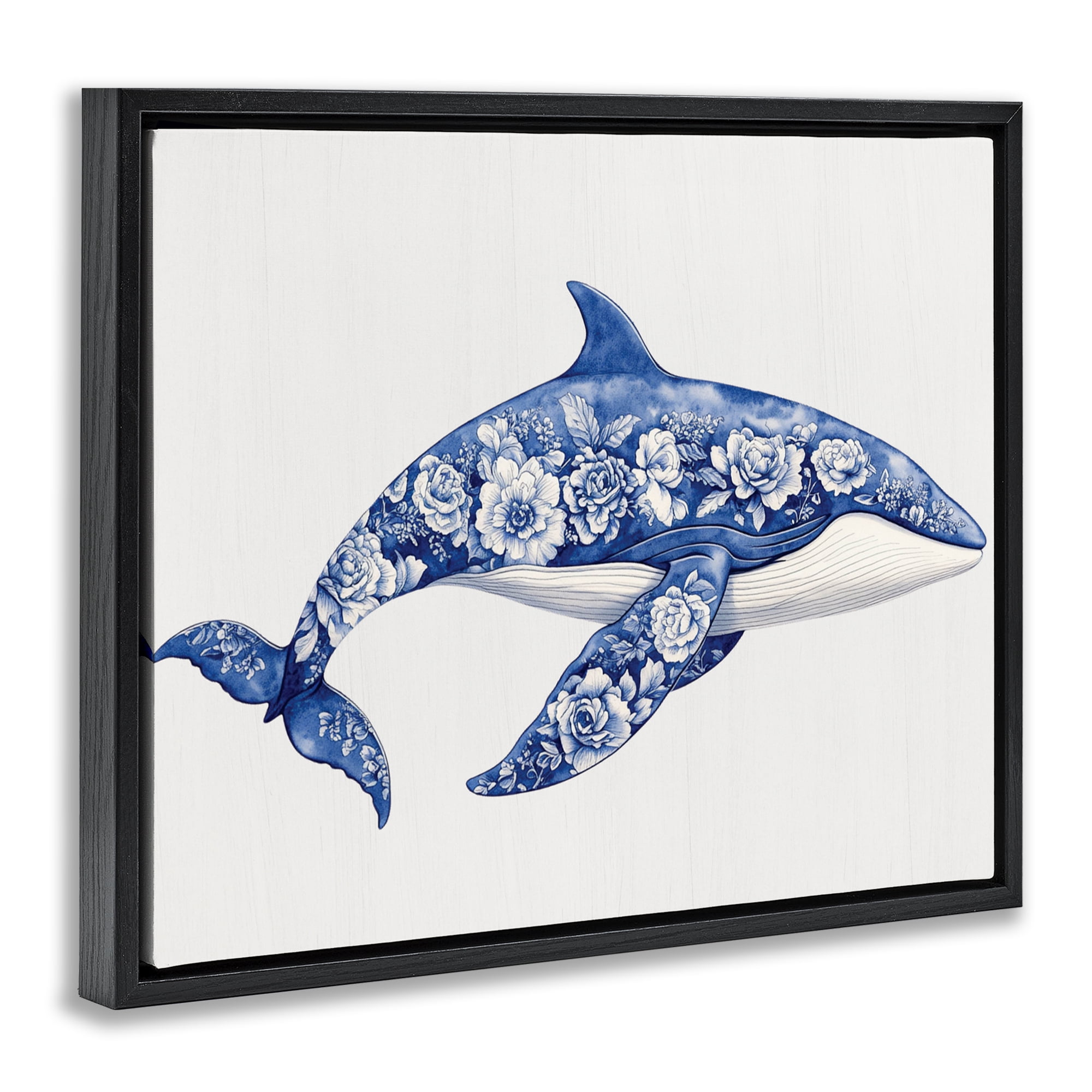 Floral Toile Whale Black Framed Floater Canvas Wall Art, design by Lettered and Lined