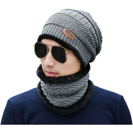 2 Pieces Winter Hat Scarf Set Warm Knit Thick Beanie Scarves Knitted Cap for Men