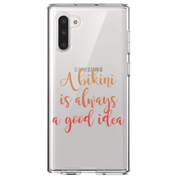 DistinctInk Clear Shockproof Hybrid Case for Samsung Galaxy Note 10 (6.3" Screen) - TPU Bumper Acrylic Back Tempered Glass Screen Protector - A Bikini is Always a Good Idea