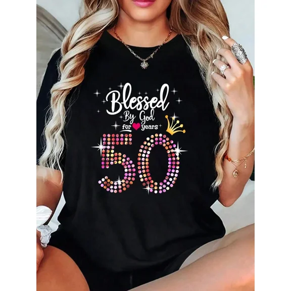 Blessed By God For 50 Years Women's 50th Birthday T-Shirt Retro Religious Graphic Tee Queen Crown Sparkle Design Black Short Sleeve Top