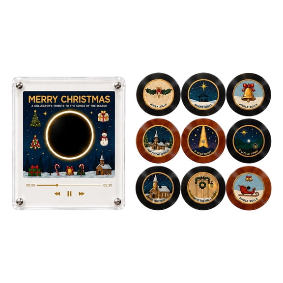 Christmas Vinyl Record Player Fridge Magnet Music Box Set, NFC Mini Record Player with 9 Mini Vinyl Records, Programmable Retro LED Decor, Christmas Decor Gift