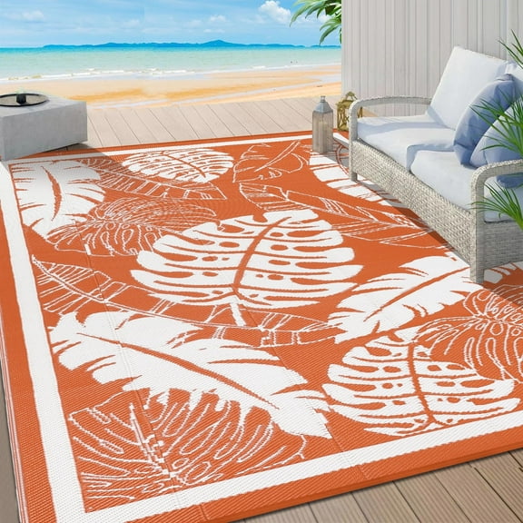 Findosom 8'x10' Outdoor Rug Patios Rug Waterproof RV Outdoor Rug Camping Rugs Reversible Plastic Straw Rug Large Outdoor Mat Outdoor Area Rug for Camping,Balcony Apartment,Patio,Picnic,Beach Orange