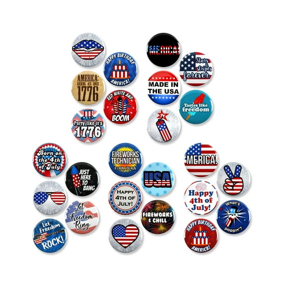 25 Pack - Patriotic American Fourth Of July Pinback Buttons - 1.5 Inch