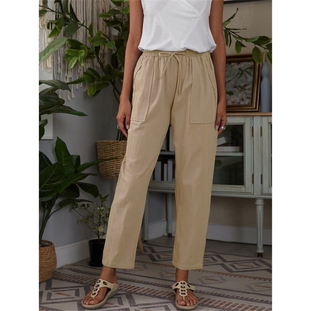 Pantalones casuales sueltos de lino y algodón con bolsillos grandes de color sólido para mujer de estación independiente de primavera y otoño