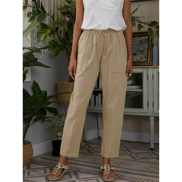 Pantalones casuales sueltos de lino y algodón con bolsillos grandes de color sólido para mujer de estación independiente de primavera y otoño