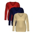 thumbnail image 7 of Essential Basic Women's Junior Size Vneck Tshirt Long Sleeves Shirt Tee, Large, 3Pk Red, Navy, Taupe, 7 of 7