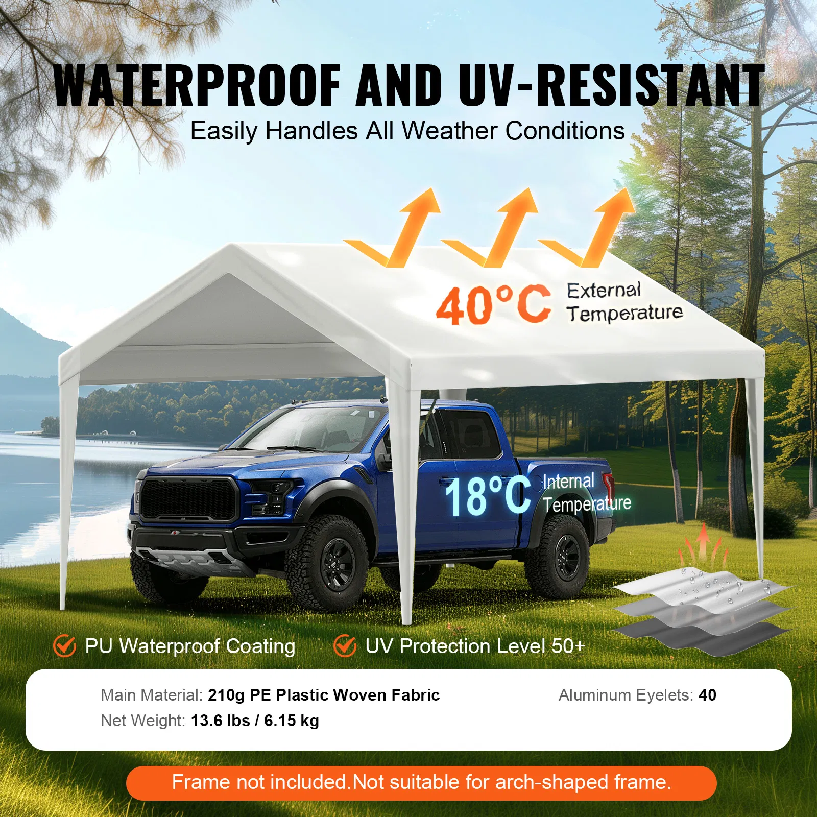 10x20 ft Carport Replacement Canopy Cover-Heavy-Duty Waterproof Garage Tent Shelter Tarp with UV Protection,Easy to Install with Ball Bungees,White Top Cover Only