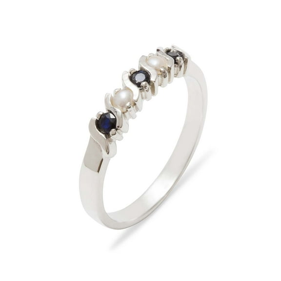 LBG British Made 925 Sterling Silver Natural Sapphire & Cultured Pearl Womens Eternity Ring - 33 size options - Sizes 4 to 12 Available