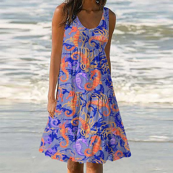 pstuiky Sun Dresses Women, Womens Fashion Holiday Summer Casual Printing Sleeveless Party Beach Loose Dress Wear to Work Dresses Summer Savings