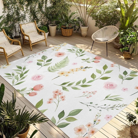 Pink Green Botanical Outdoor Rug for Patio/Deck/Porch, Non-Slip Large Area Rug 5 x 7 Ft, Spring Watercolor Floral Leaf Plant Indoor Outdoor Rugs Washable Area Rugs, Camping Rug Carpet Runner