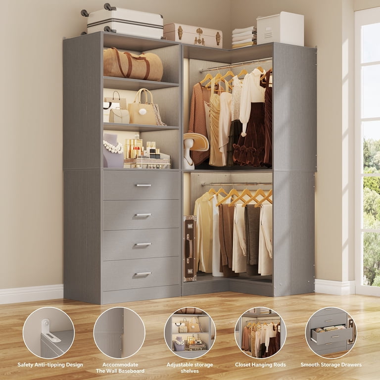 Homieasy 4.4FT Walk-in Corner Closet System with 4 Drawers, 2