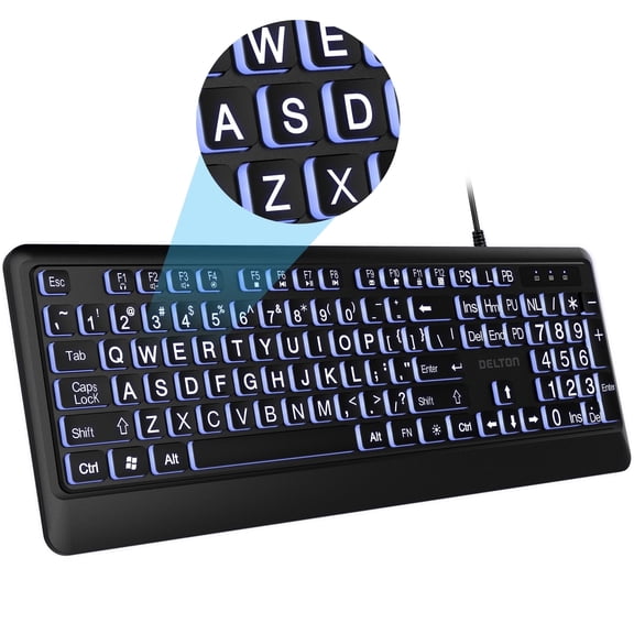 Delton KB20 Large Print Backlit Wired Keyboard, 4X Large Button Keyboard for Elderly or Visually Impaired, USB Wired Lighted Keyboard, 104 Keys Standard Keyboard, Compatible for PC/Laptop/iMac, Black
