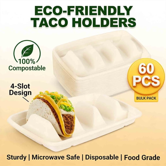 60 Pcs Small Disposable Taco Holders Plates,Hold for 3 Tacos with 2 Dipping Areas,Square Taco Bar Serving Set for a Party,Taco Night,Microwave Safe