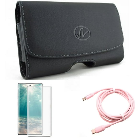 Screen Protector & Case Belt Clip & Pink 10ft Long Cable for Samsung Galaxy Note 20 (6.7") - Combo with Tempered Glass (Fingerprint Unlock) & Leather Swivel & USB-C to Type-C PD Fast Charger