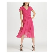 DKNY Womens Pink Short Sleeve V Neck Tea-Length Sheath Cocktail Dress Size: 8