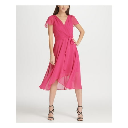 DKNY Womens Pink Short Sleeve V Neck Tea-Length Sheath Cocktail Dress Size: 8