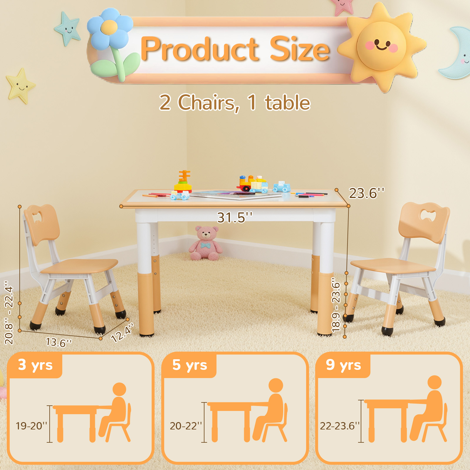 Pirecart Kids Table and 2 Chairs Set, Easy to Wipe Arts & Crafts Table, Suitable for Ages 3-9, Height Adjustable Childrens Activity Table and Chair Set for Daycare, Homeschool & Playroom, Yellow