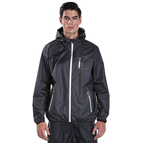 Red Plume Sauna Suit for Men Outdoor Sports Hoodies Men's Fitness Weight Loss Suit Long Sleeve Jacket (Black, L)