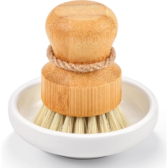 Natural Bamboo Dish Scrub Brush for Kitchen Sink, Wooden Washing Dish Brush Scrubber with Sisal Bristles