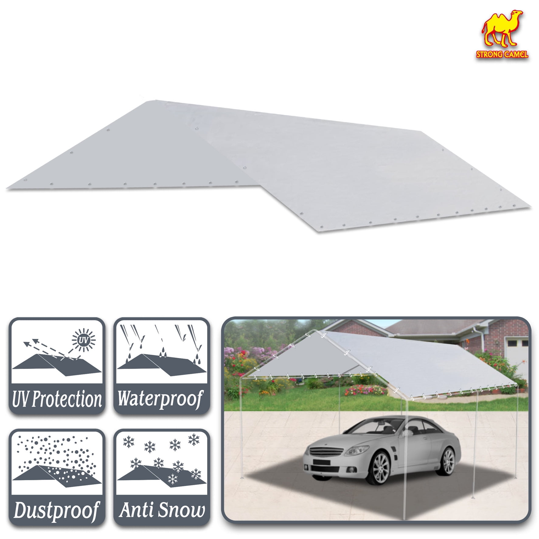 SUNNY 10'x20' Carport Replacement Canopy Cover for Outdoor Tent Garage Shelter, w/ Cable Ties (without edge)