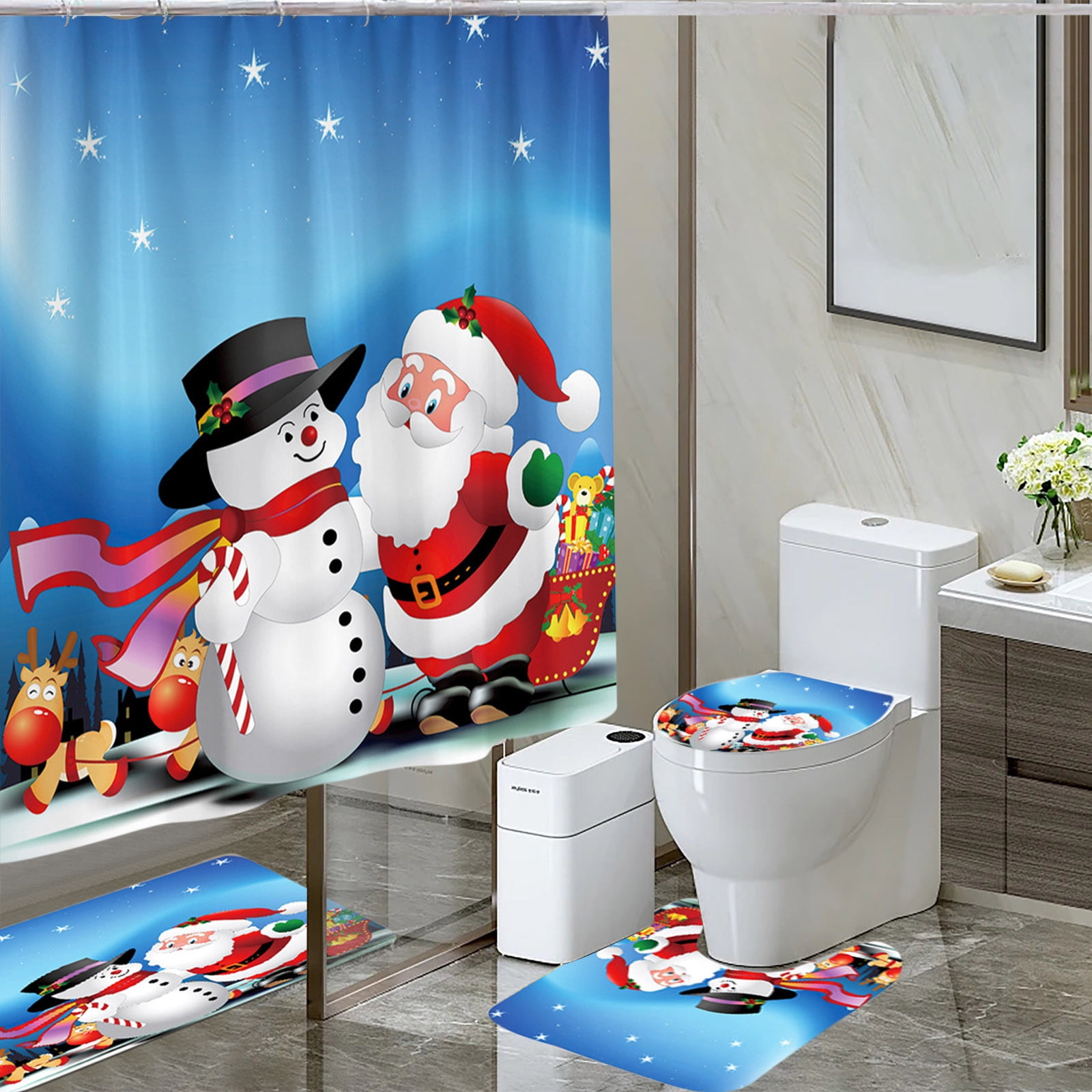 Tyidzon 4Pcs Christmas Shower Curtain Set with Non-Slip Bathroom Rugs Toilet Lid Cover U-Shaped Mats for Home Bathroom Xmas Decor, Waterproof Shower Liner 71x71"