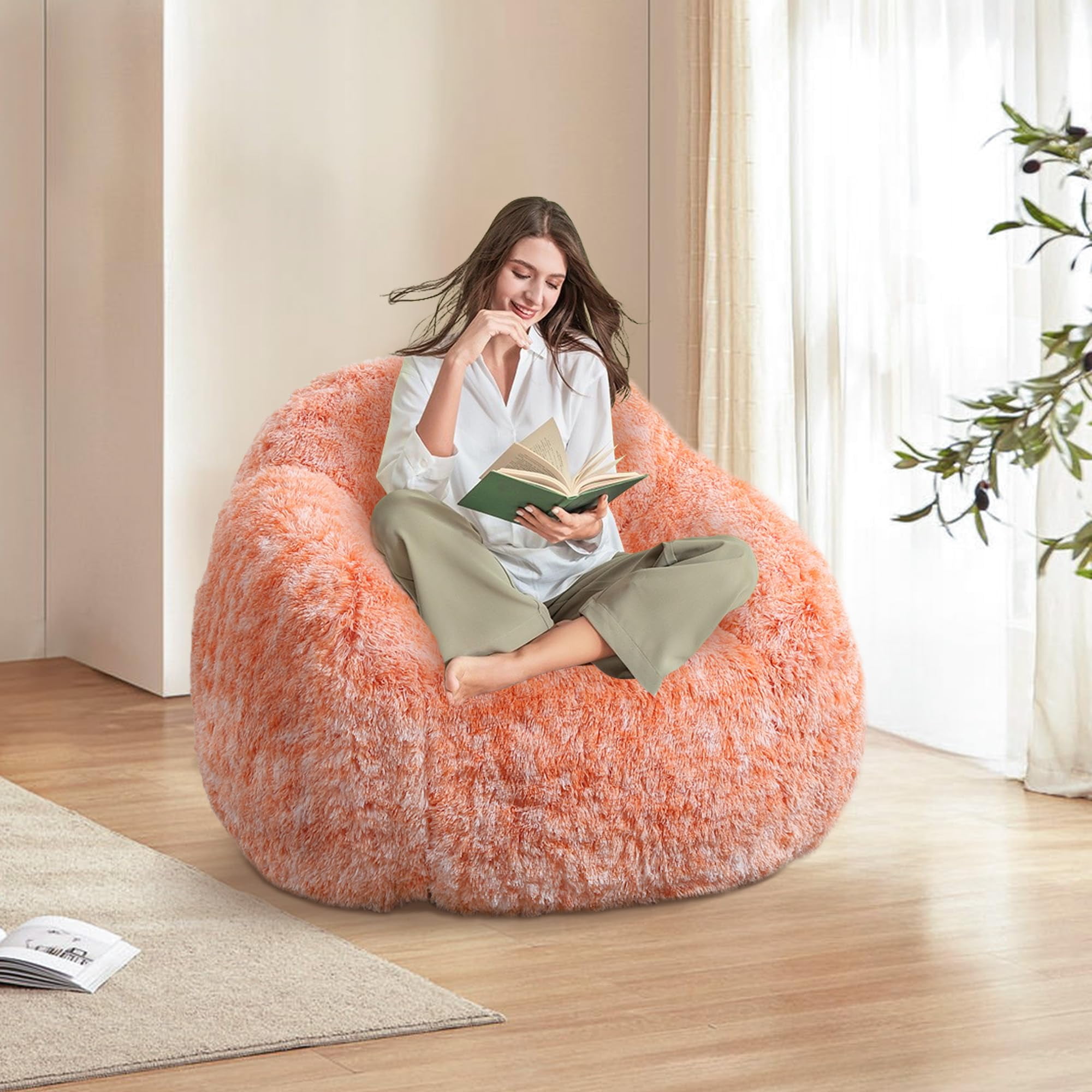 BouPower Bean Bag Chair for Adults, Plush Fluffy Faux Fur Sofa, Premium High-Density Sponge Filler Ergonomic Backrest & Armrests, Removable Washable Cover Comfy Lazy Chair for Bedroom Living Room