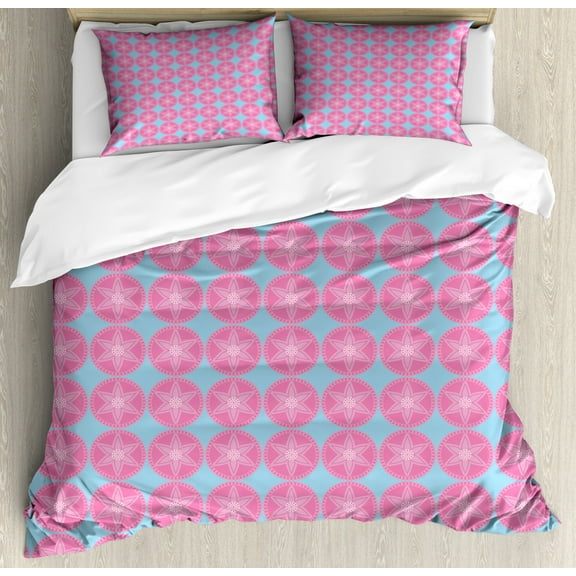 Floral Duvet Cover Set King Size, Pattern of Round Symmetric Motifs with Floral Details in Hazy Tones, Decorative 3 Piece Bedding Set with 2 Pillow Shams, Pale Sky Blue and Pink, by Ambesonne