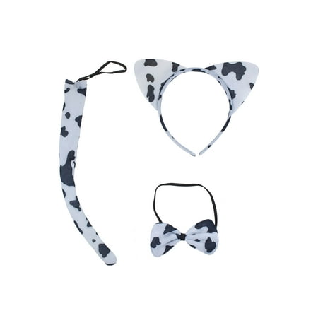 Lux Accessories Cow Print Cat Ears Tail Bowtie Costume Set Halloween Party Kit