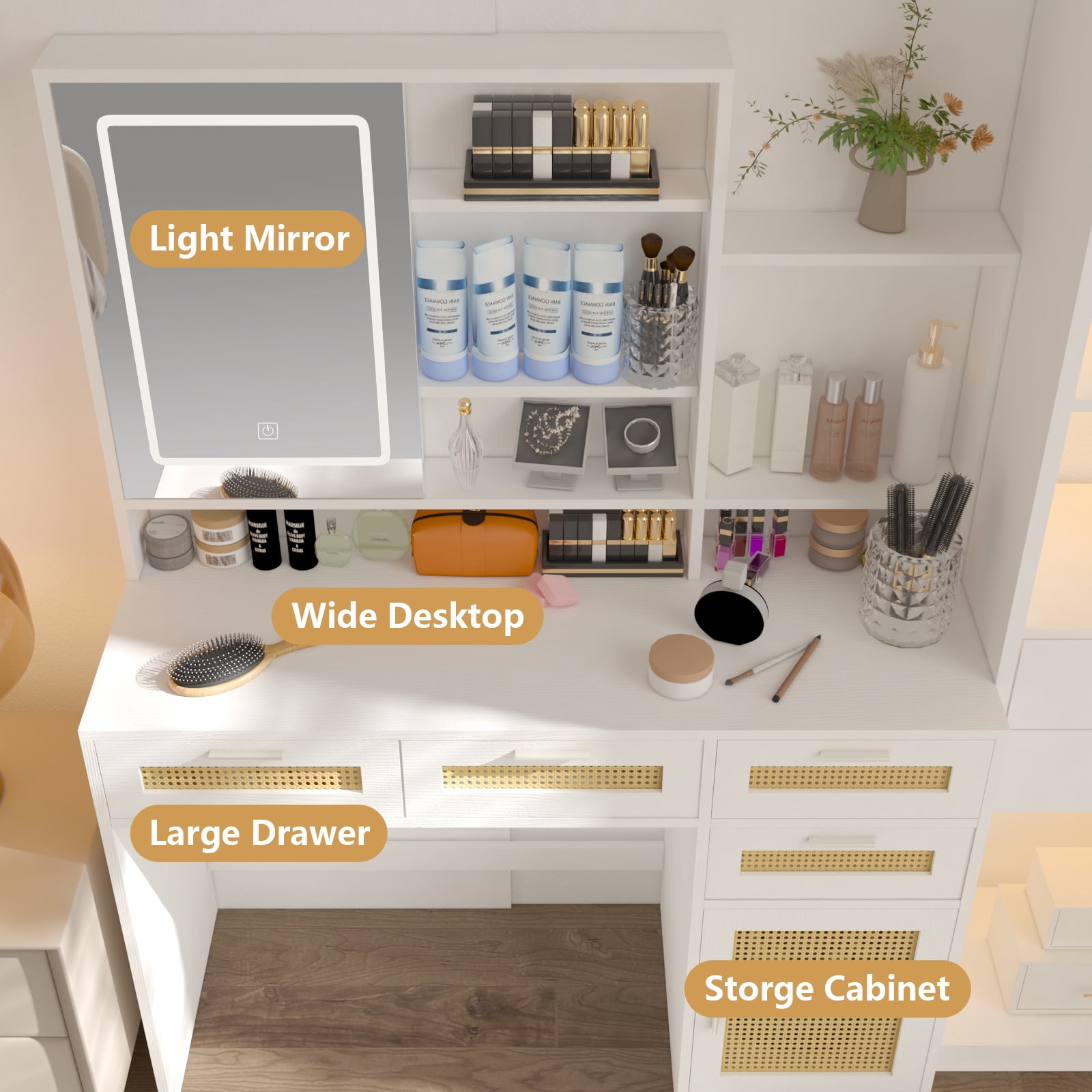Makeup Vanity with Lights in 3 Colors & Openable Mirror, Vanity Desk with 4 Drawers & 1 Cabinets & Shelves, Vanity Table Rattan Vanity Dresser, for Bedroom, White