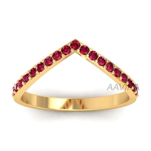 V Shape Ruby Chevron Wedding Band, Round Ruby Anniversary Ring, Gemstone Curved Half Eternity Ring