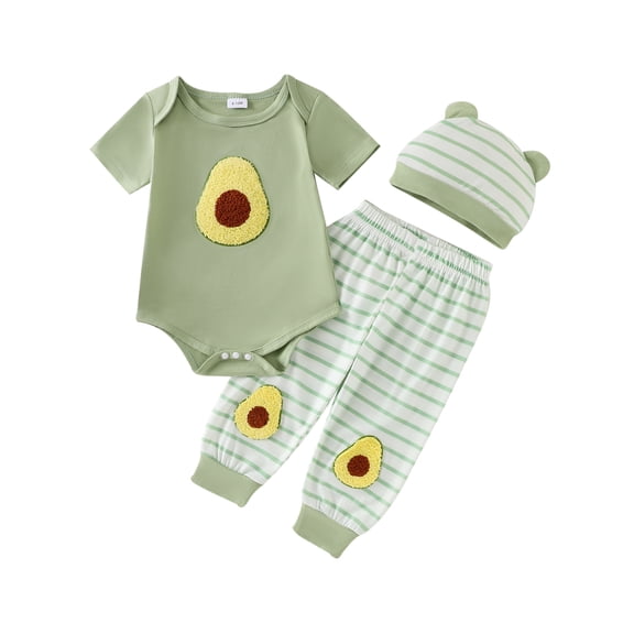 BemeyourBBs 3Pcs Newborn Baby Boy Girl Avocado Outfit Infant Summer Clothes Short Sleeve Avocado Embroidery Romper Elastic Waist Striped Pants Set Hat