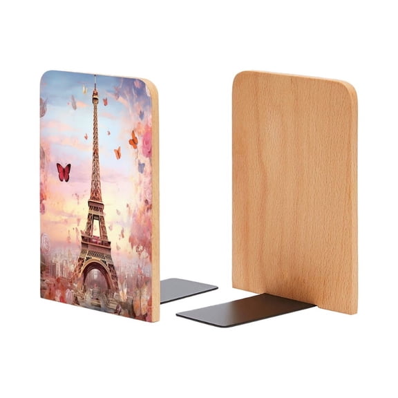 Bookends 1 Pair Non-Skid Bookend Wood Bookends for Shelves Book Stand for CDs - The Eiffel Tower Surrounded By Blooming Roses And Butterflies