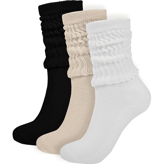 LECHAO Crew Slouch Socks Women - Retro Scrunch Short Sock - Soft Solid Ankle Socks Size 5-11 （Black/cream/white -3 pairs）