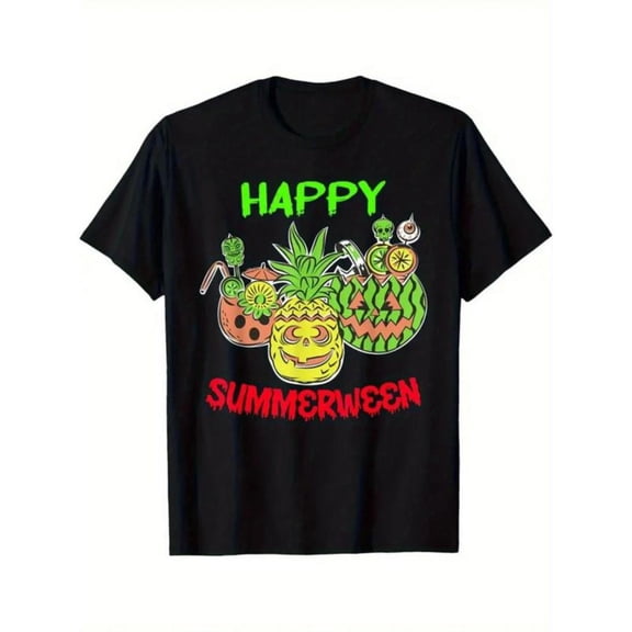 Vibrant Summerween Graphic Tee, Tops Has Centered "HAPPY SUMMERWEEN" & Fruit - Themed Halloween Design, Round Neck Regular Fit T - shirts, Size(S - 5XL)