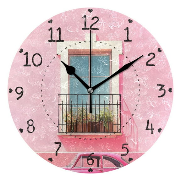 Pink Wall and Car Round Wall Clock Silent Battery Operated Home Decor for Living Room Bedroom