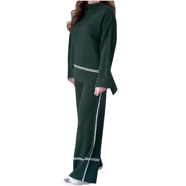 AherBiu Ensembles de Détente pour Femmes Chandail Col Rond Hauts Pantalons Larges Tricotés 2 Pcs Tenues d'Hiver
