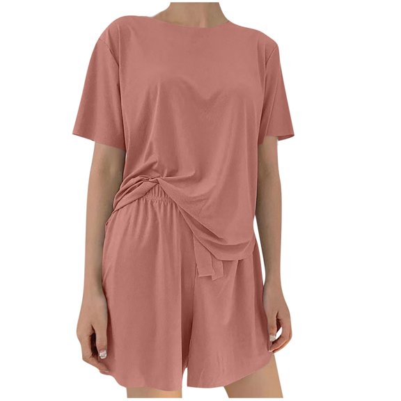 Bixock 2 Piece Set for Womens Pajamas Crew Neck Short Sleeve Top Shorts Drawstring Elastic Waist Casual Loungewear Set Loose Cut for Daily Home Use