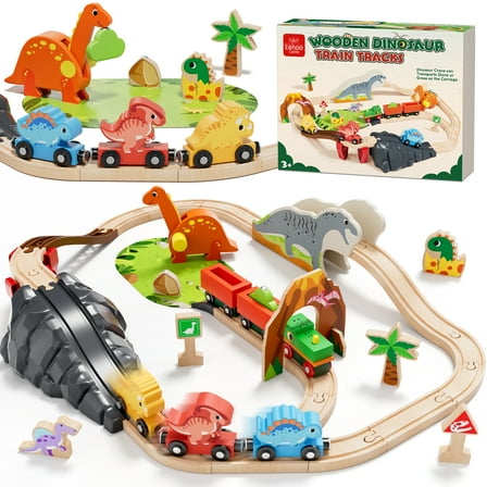 Train Set, Wooden Train Set for Kids, Train Toys for Toddlers, Toy Train with Train Tracks, Wooden Dinosaur Toys for Kids 2 3 4 5  Years Old, Great Gift for Boys Girls - Compatible with Other Brands