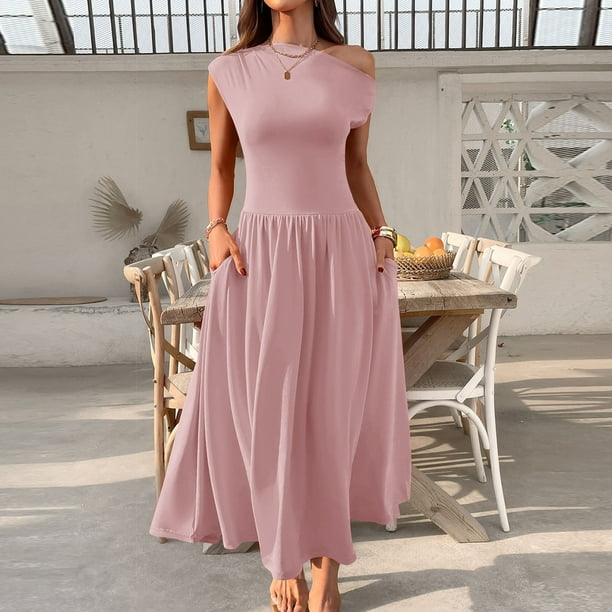 mfyjkho Vestidos para mujer, Vestido largo elástico con bolsillos y manga corta de color liso para mujer Vestidos festivos para mujer xl