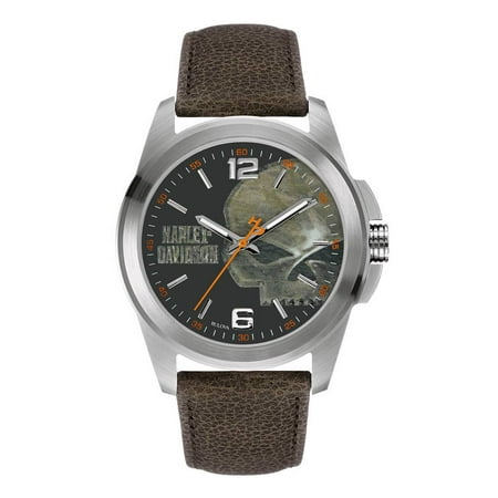 - Harley-Davidson Men's Bulova Watch, Vintage Willie G. Skull, Brown Strap 76A146, Harley Davidson