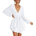thumbnail image 5 of Women's Dress Deep V-Neck Long Sleeve Waist Tie Ruffle Mini Swing Skater Dresses, 5 of 11
