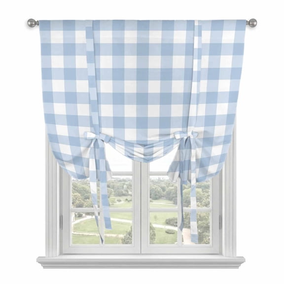 Light Blue Plaid Balloon Curtains for Bedroom/Front Door/Bathroom, Modern Minimalist Country Tie Up Curtains 63 Inch Length Light Filtering Kitchen Curtains Shades for Windows 46"x63"