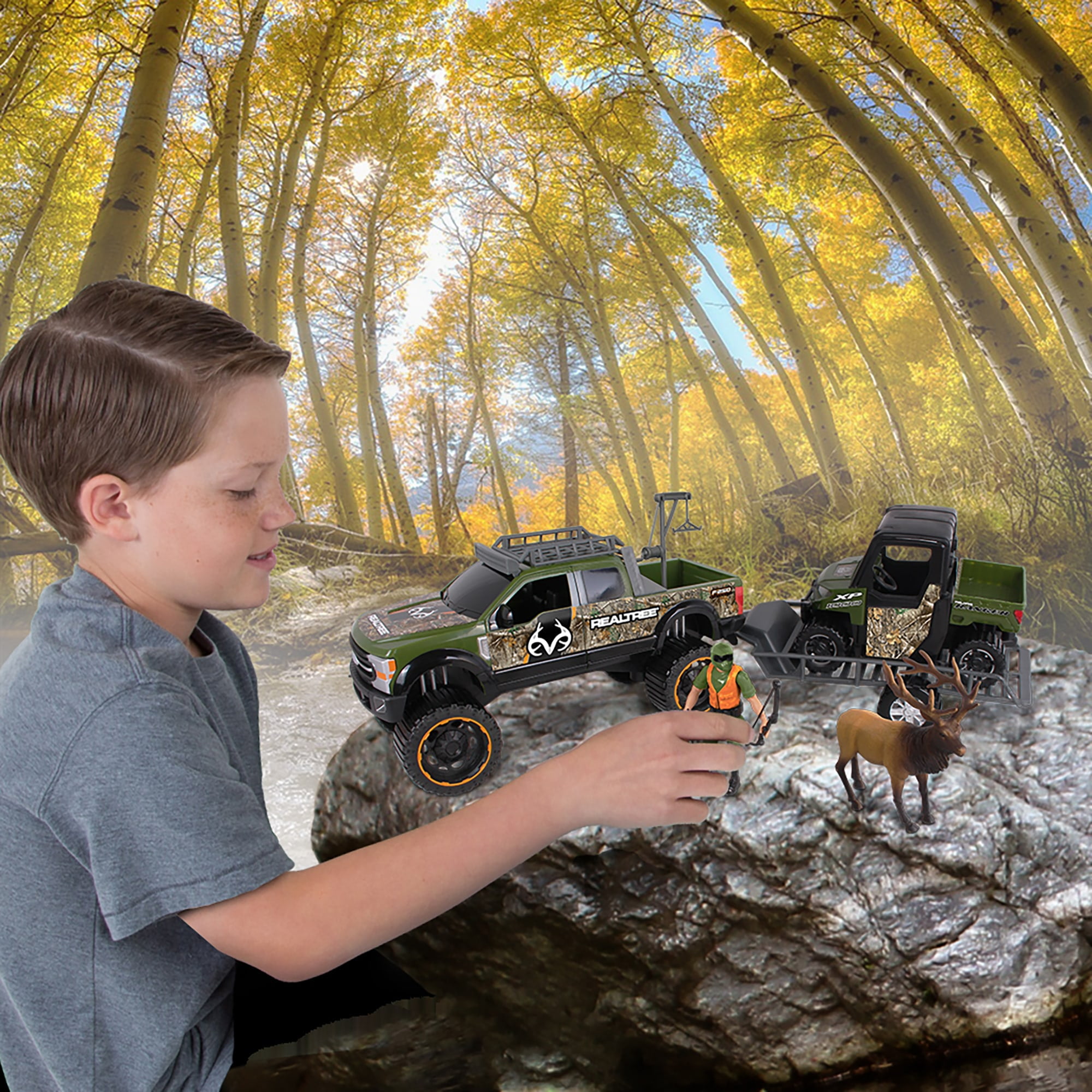 RealTree 10pc Hunting Playset: Ford F250 w/ Elk - NKOK 1:18 Scale, Hunter, Truck, Polaris Ranger UTV, Trailer & More