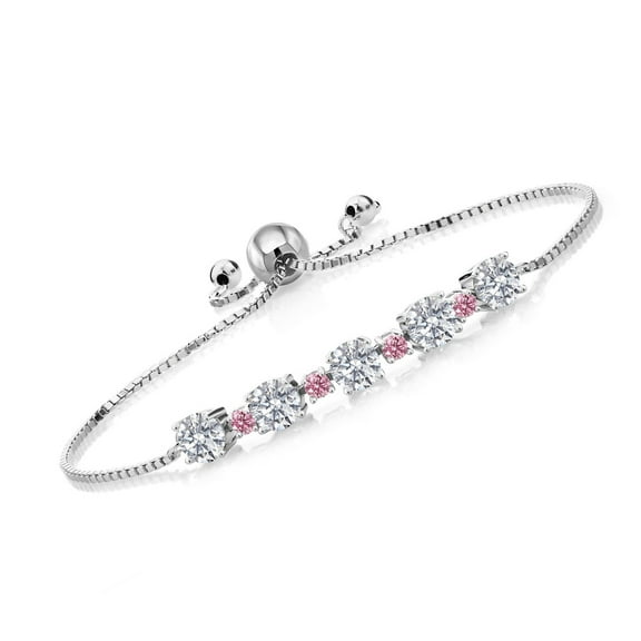Gem Stone King 925 Sterling Silver Lab Grown Diamond and Pink Lab Grown Diamond Bracelet for Women | 2.74 Cttw | Gemstone April Birthstone | Round 5MM
