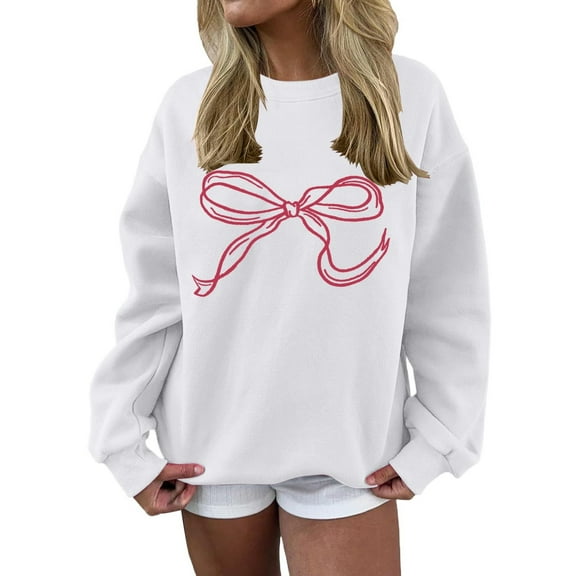 Sweatshirts for Women with Bow Print Round Neck Long Sleeve No Hood Pullover Baggy Casual tops 2025 Fall Winter (XL, White)