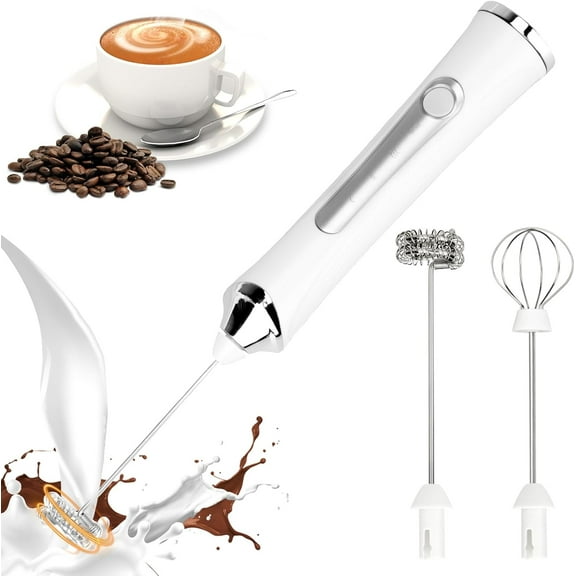 YUOFD Electric Milk Frother, Rechargeable Handheld Electric Milk Frother with 2 Heads and 3 Speeds, White